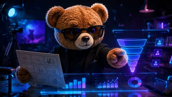 ИИ-видео для B2B-продаж — коричневый плюшевый медвежонок в чёрной одежде и очках